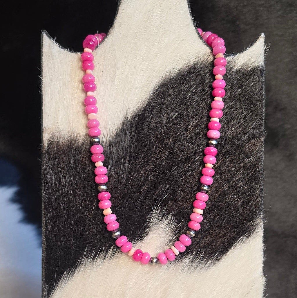 Sterling Pearls, Pink Conch & Hot Pink Agate Necklace 15-16 inches