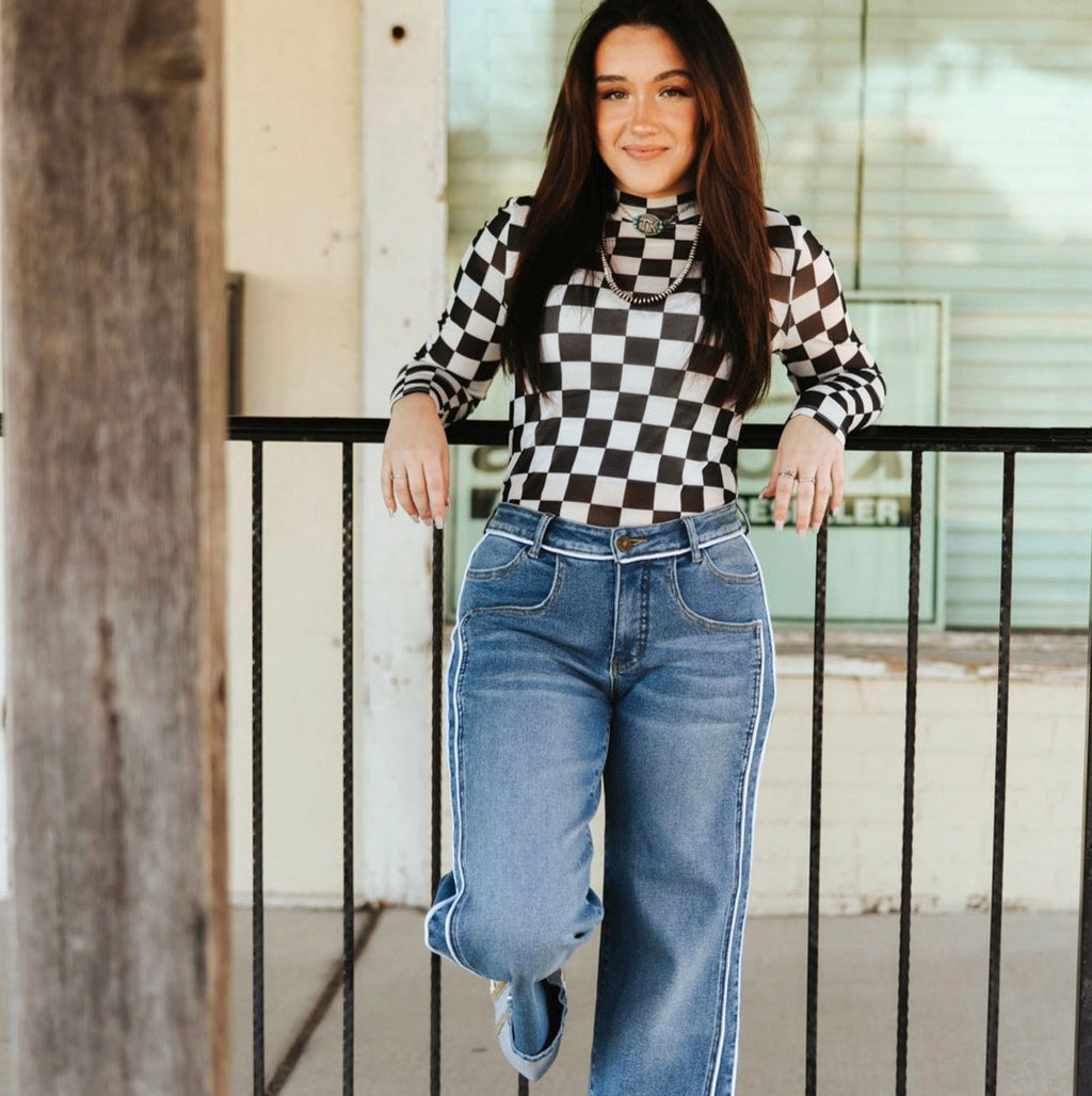 Checkered Long Sleeve Mesh Top