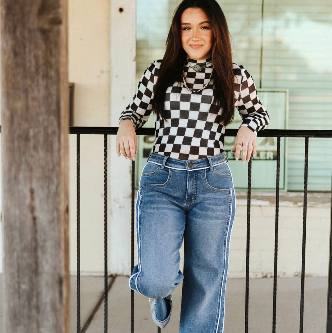 Checkered Long Sleeve Mesh Top