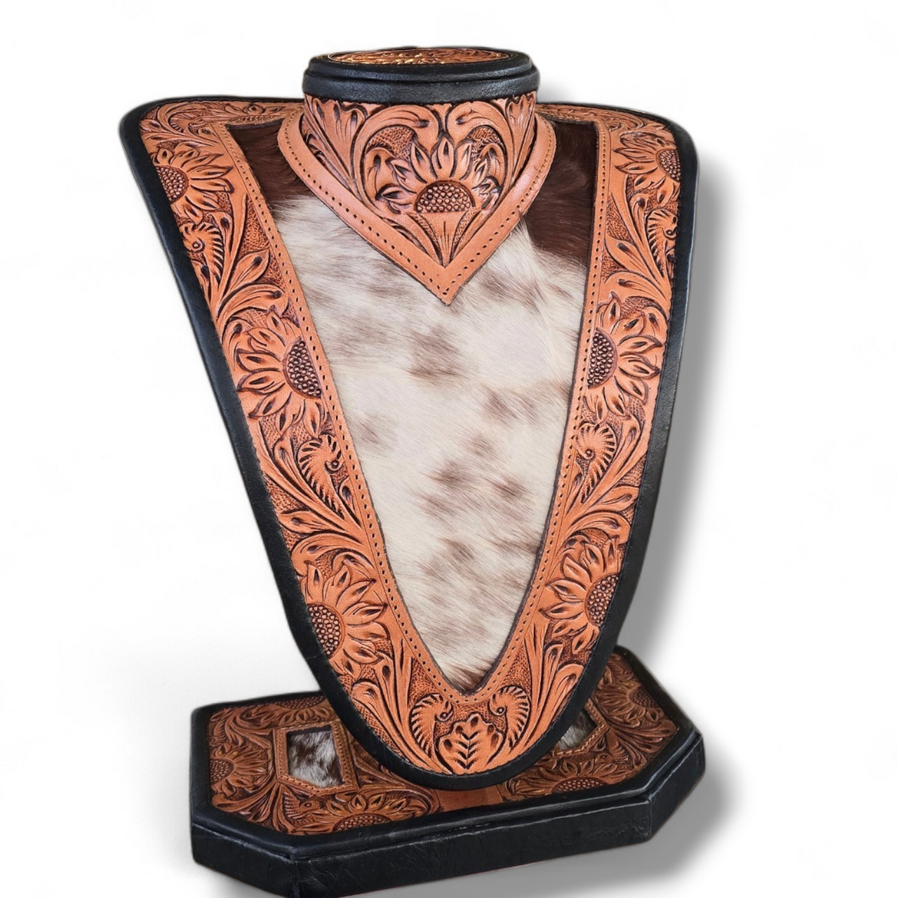 Brown Tooled Leather & Cowhide Necklace Display