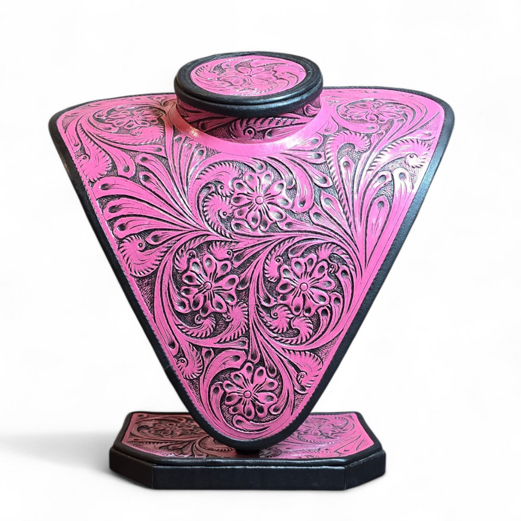 Pink Tooled Leather Necklace Display