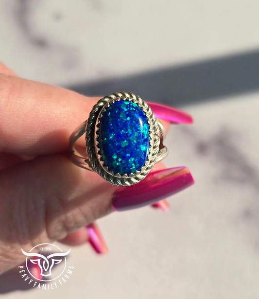 Man Made Blue Opal and Sterling Ring Size 7
