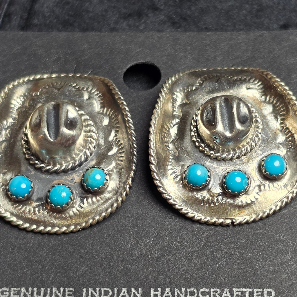 Native Made Kingman Turquoise & Sterling Cowboy Hat Earrings
