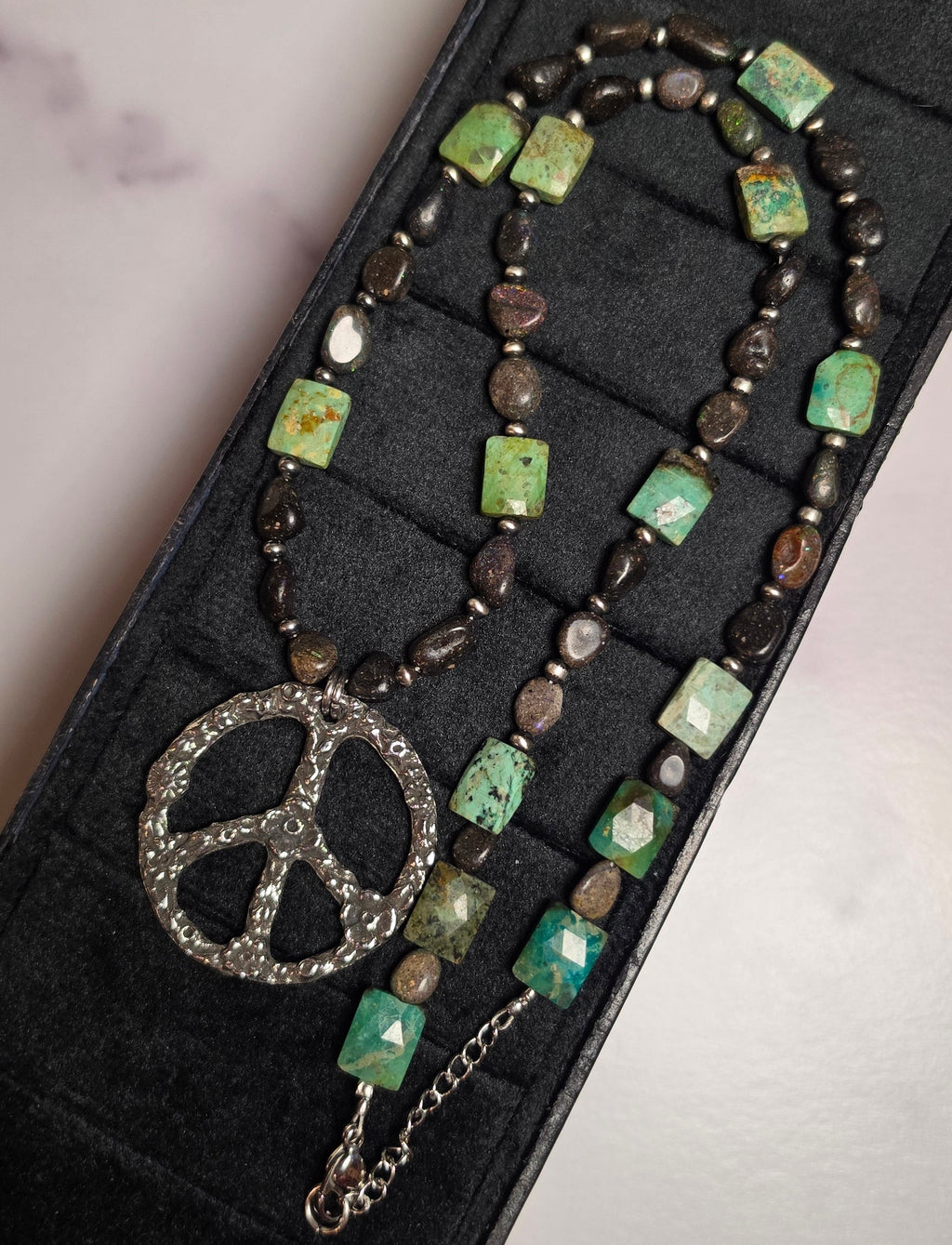 Peruvian Turquoise, Black Opal & Sterling Pearls Peace Necklace 22 inches