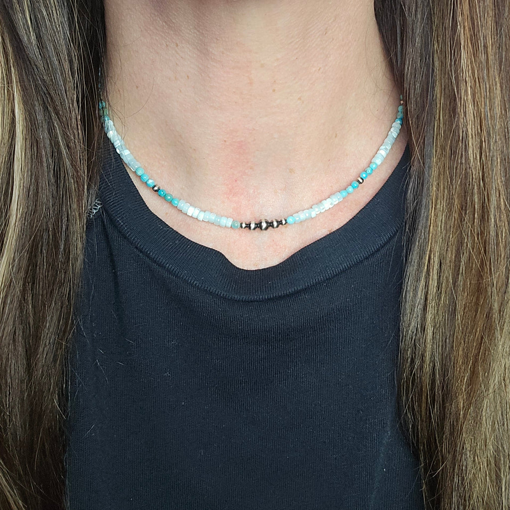 Turquoise, Blue Heishi Shell & Sterling Pearl Necklace 16 inch