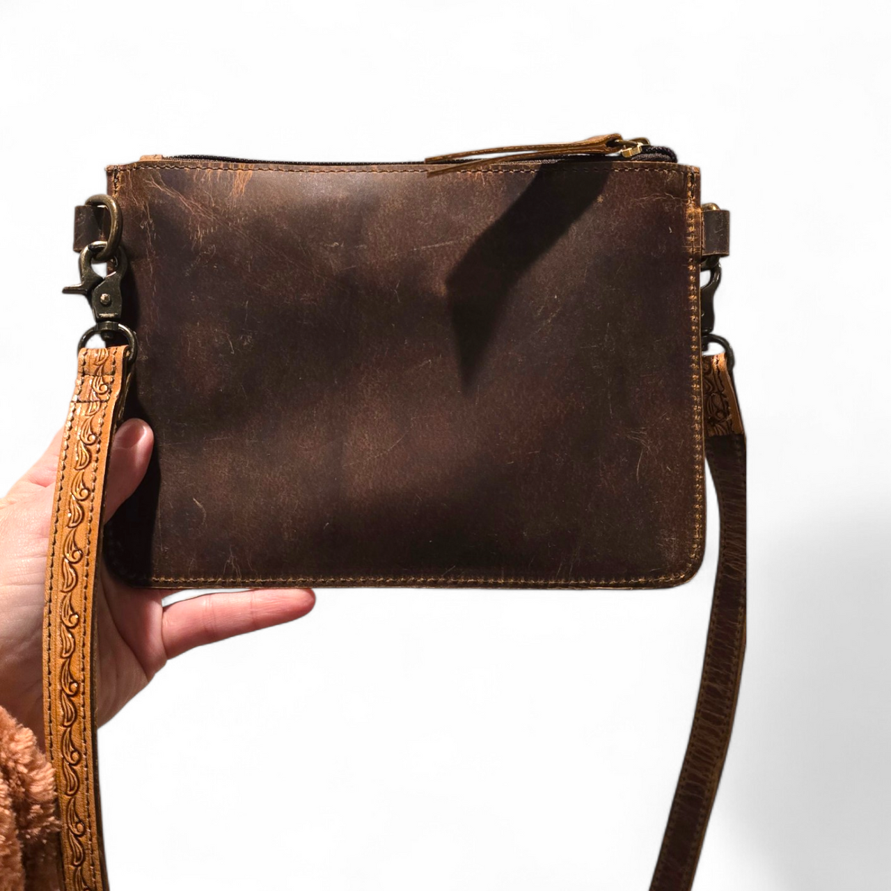 Brown Floral Tooled Leather Crossbody Bag