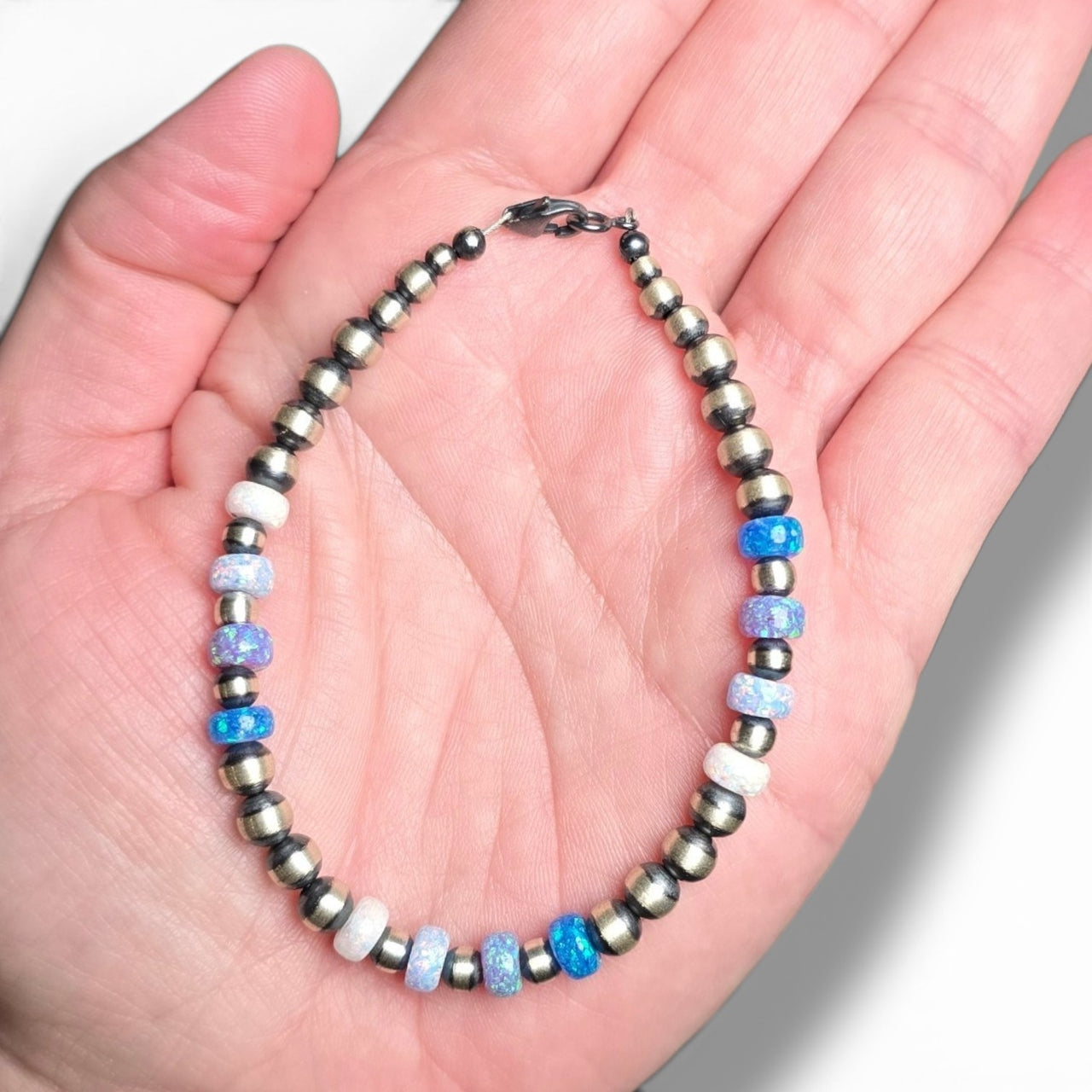 Fire Opal, 5mm & 4mm Sterling Pearls Bracelet 7.5 inches