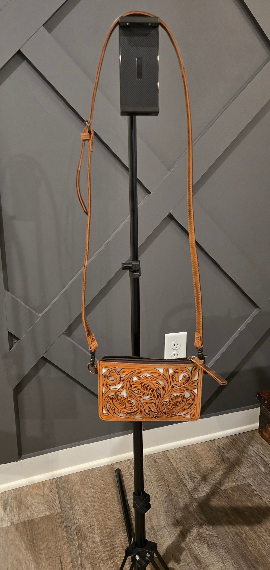 Brown Floral Tooled Leather Crossbody Bag