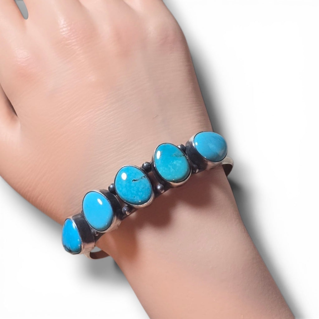 Native Made 5 Stone Kingman Turquoise & Sterling Cuff