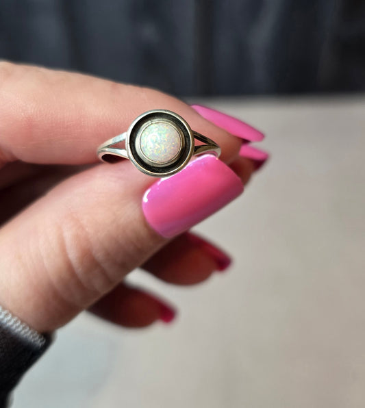 Man Made White Opal and Sterling Ring Size 7.25