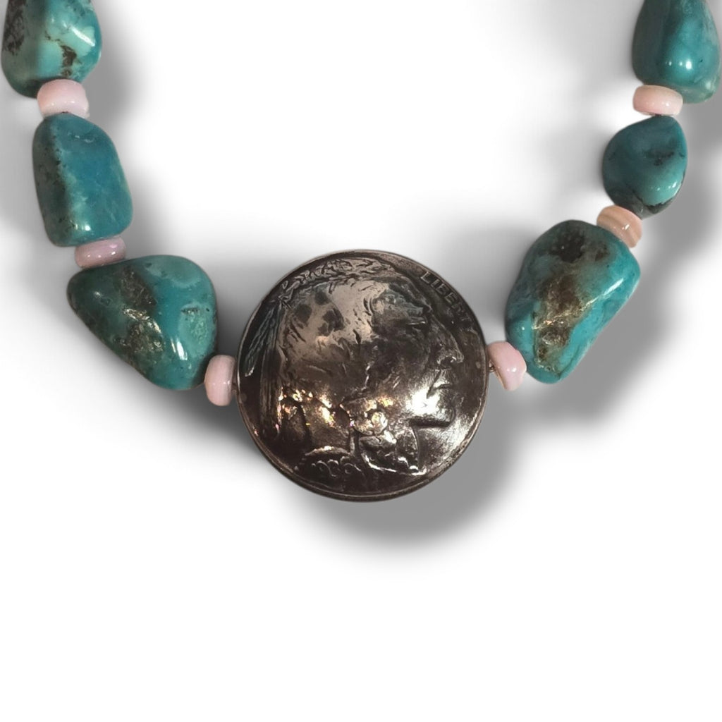Reversible Indian Head/Buffalo Nickel, Pink Shell & Turquoise Necklace 16 - 18 inches