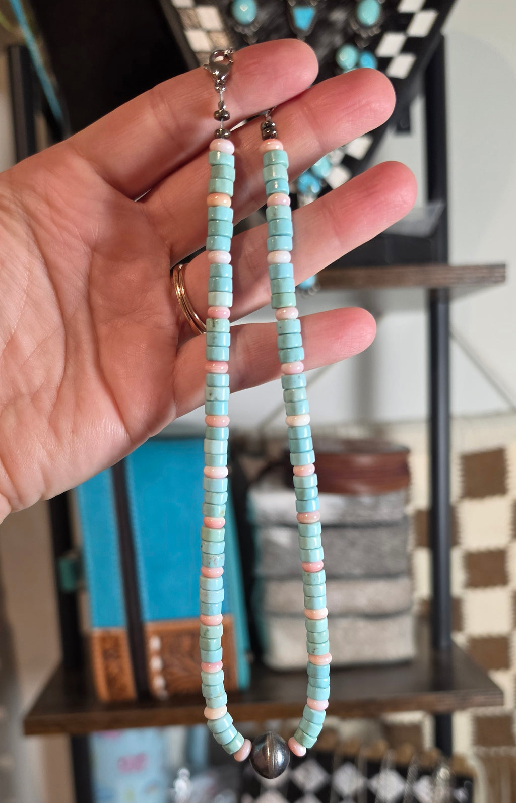 Genuine Navajo Pearl, Pink Conch & Turquoise Necklace 15-16 inches