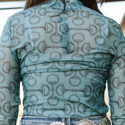 Teal Snaffle Horse Bit Printed Long Sleeve Mesh Top *S-L