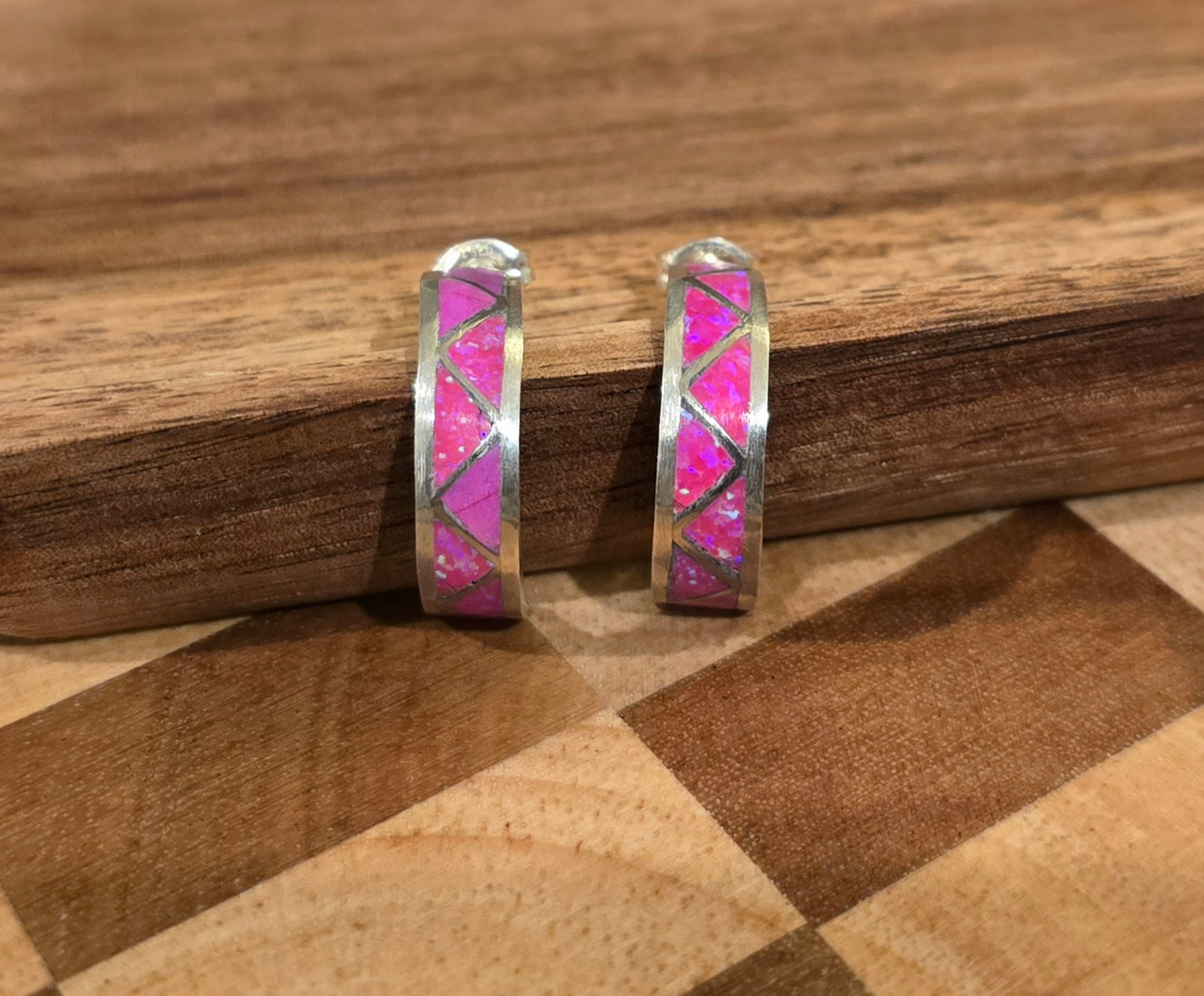 Man Made Hot Pink Opal and Sterling Earrings