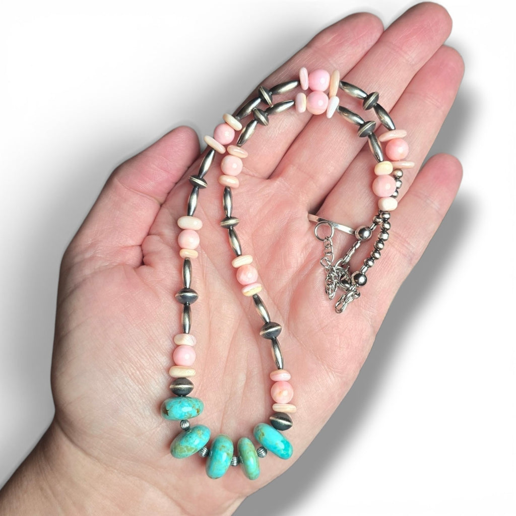 Kingman Turquoise & Pink Conch Necklace 16-18 inches