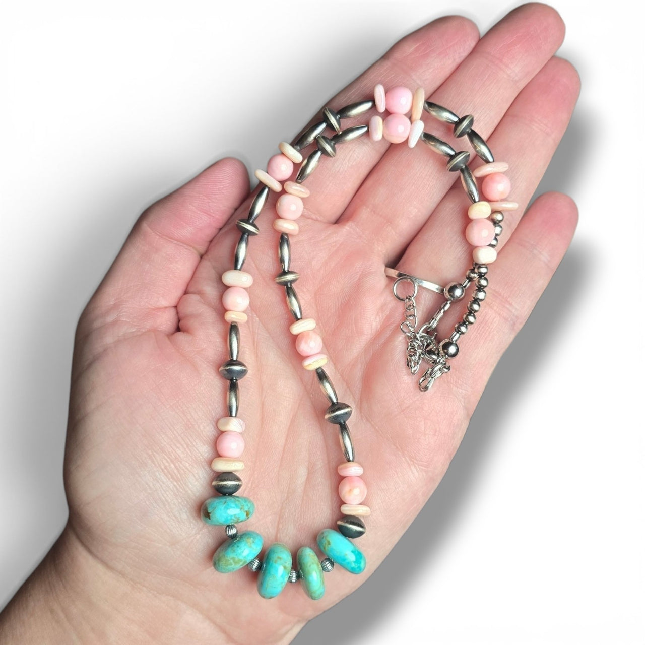 Sterling Torpedo and Saucers,  Turquoise & Pink Conch Necklace 16-18 inches