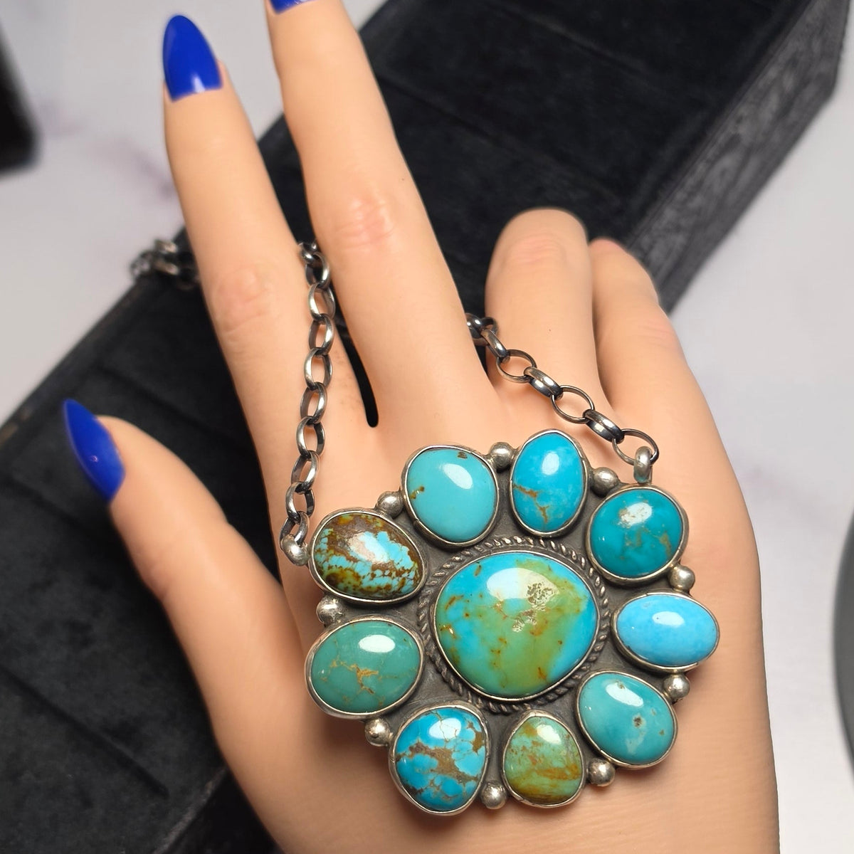 Native Made Kingman Turquoise & Sterling Cluster Necklace