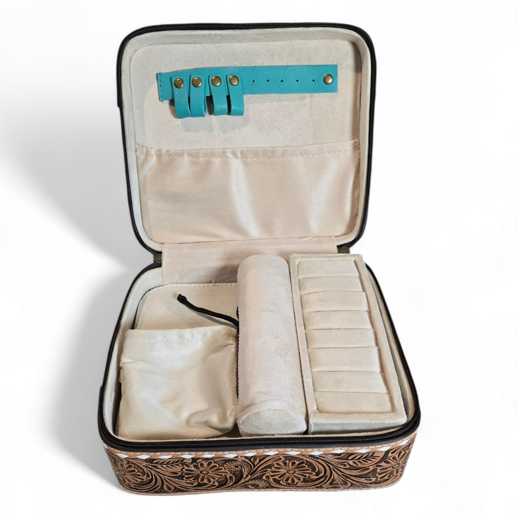 Turquoise Boot Stitch Suede & Tooled Leather Jewelry Box
