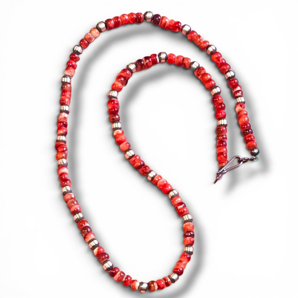 Red Spiny & Sterling Pearl Necklace 16 inches