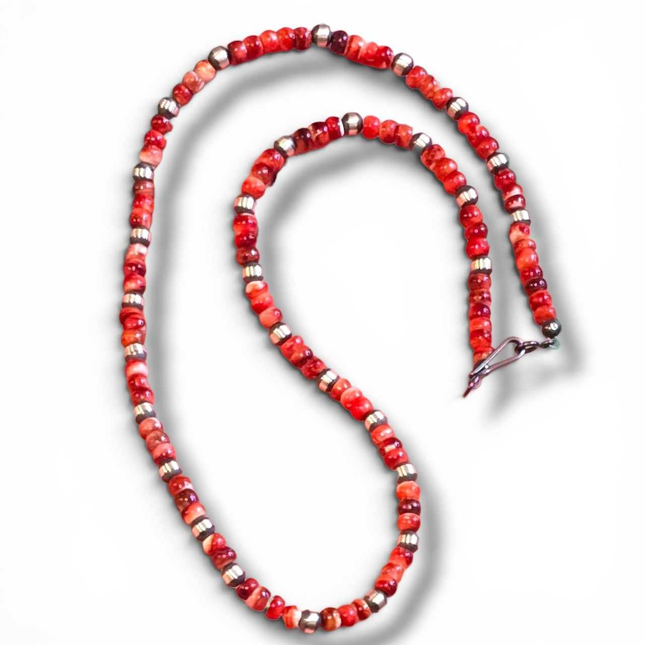 Red Spiny & Sterling Pearl Necklace 16 inches