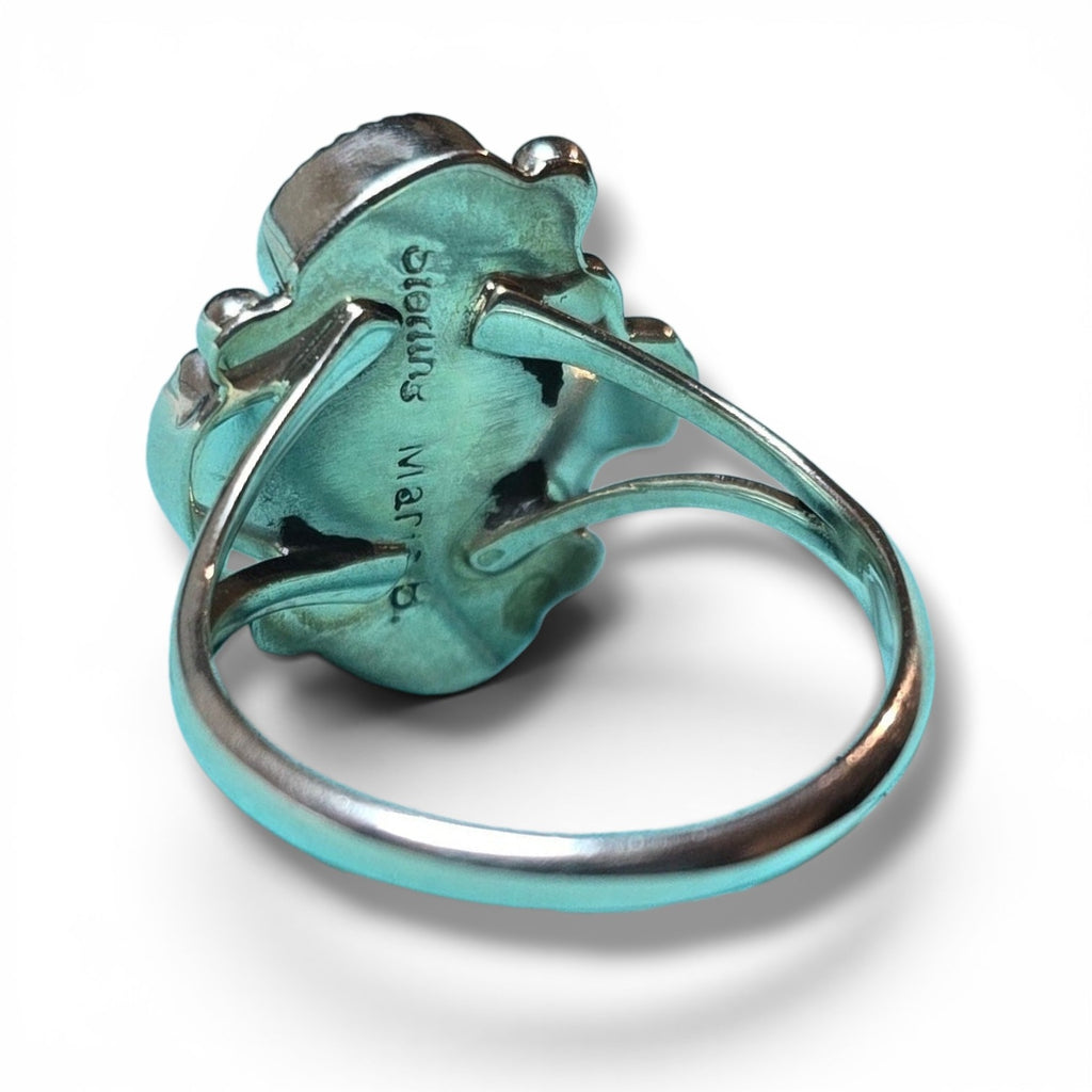 Native Made Kingman Turquoise & Sterling 3 Stone Zia Ring Size 8.5