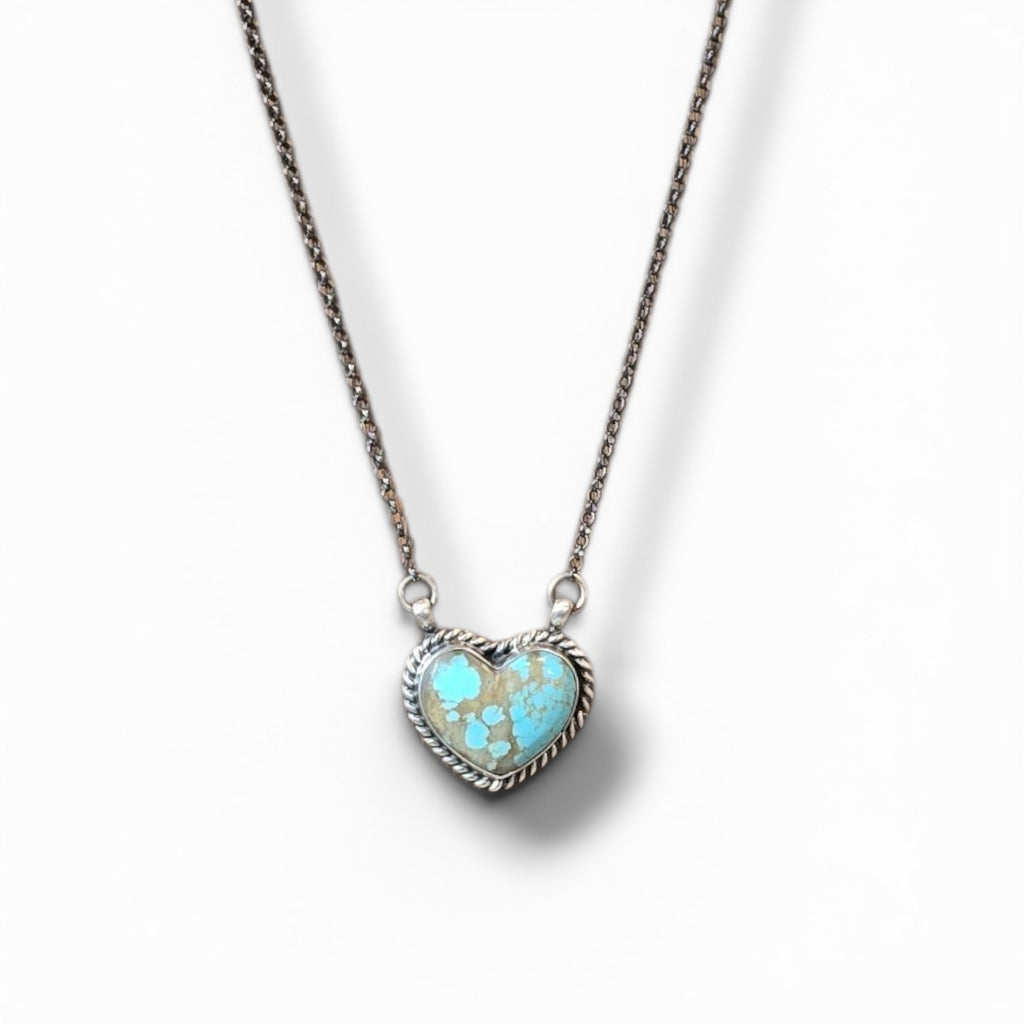 Native Made #8 Turquoise & Sterling Heart Necklace 17.5 inches