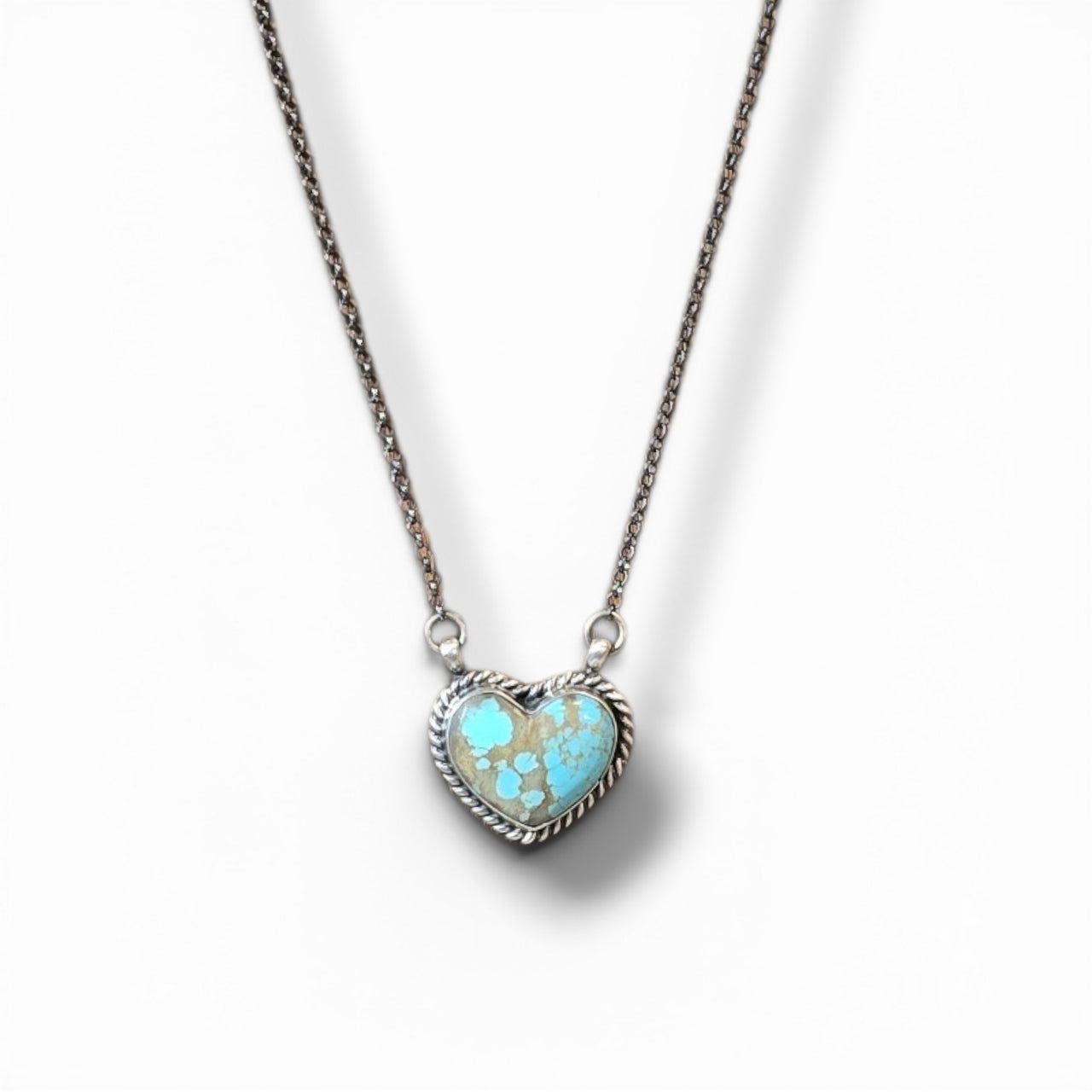 Native Made #8 Turquoise & Sterling Heart Necklace 17.5 inches