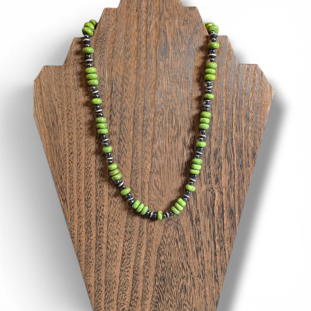 Kingman Mine Green Mojave Turquoise, Sterling Saucers & Hematite 18 inches