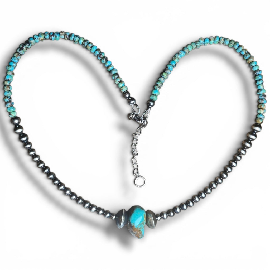Two Center Navajo Saucers, Turquoise & Sterling Pearls Necklace 16-18 inches