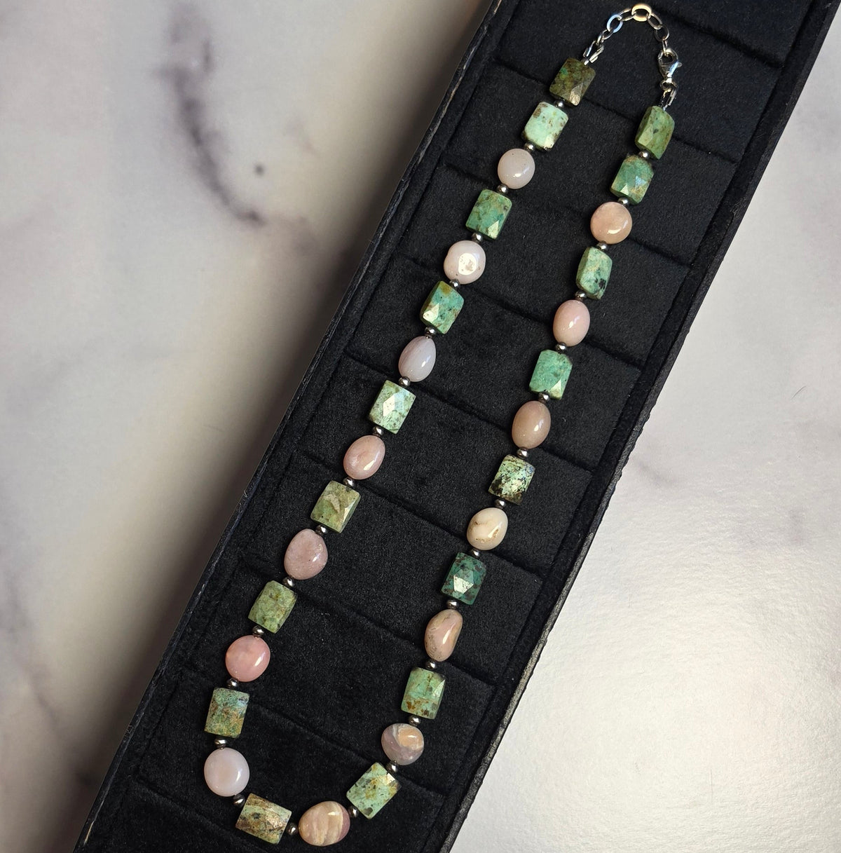 Pink Opal, Turquoise & Sterling Pearls Necklace 17-18 inches