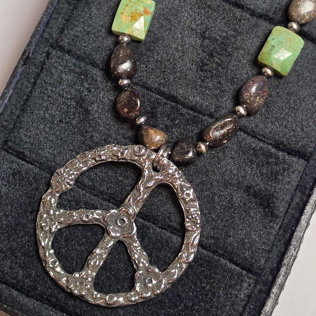 Peruvian Turquoise, Black Opal & Sterling Pearls Peace Necklace 22 inches