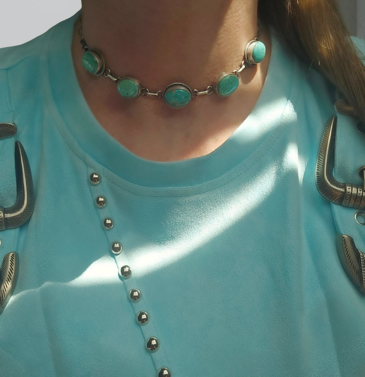 Native Made Mixed Turquoise & Sterling Choker 15 inches