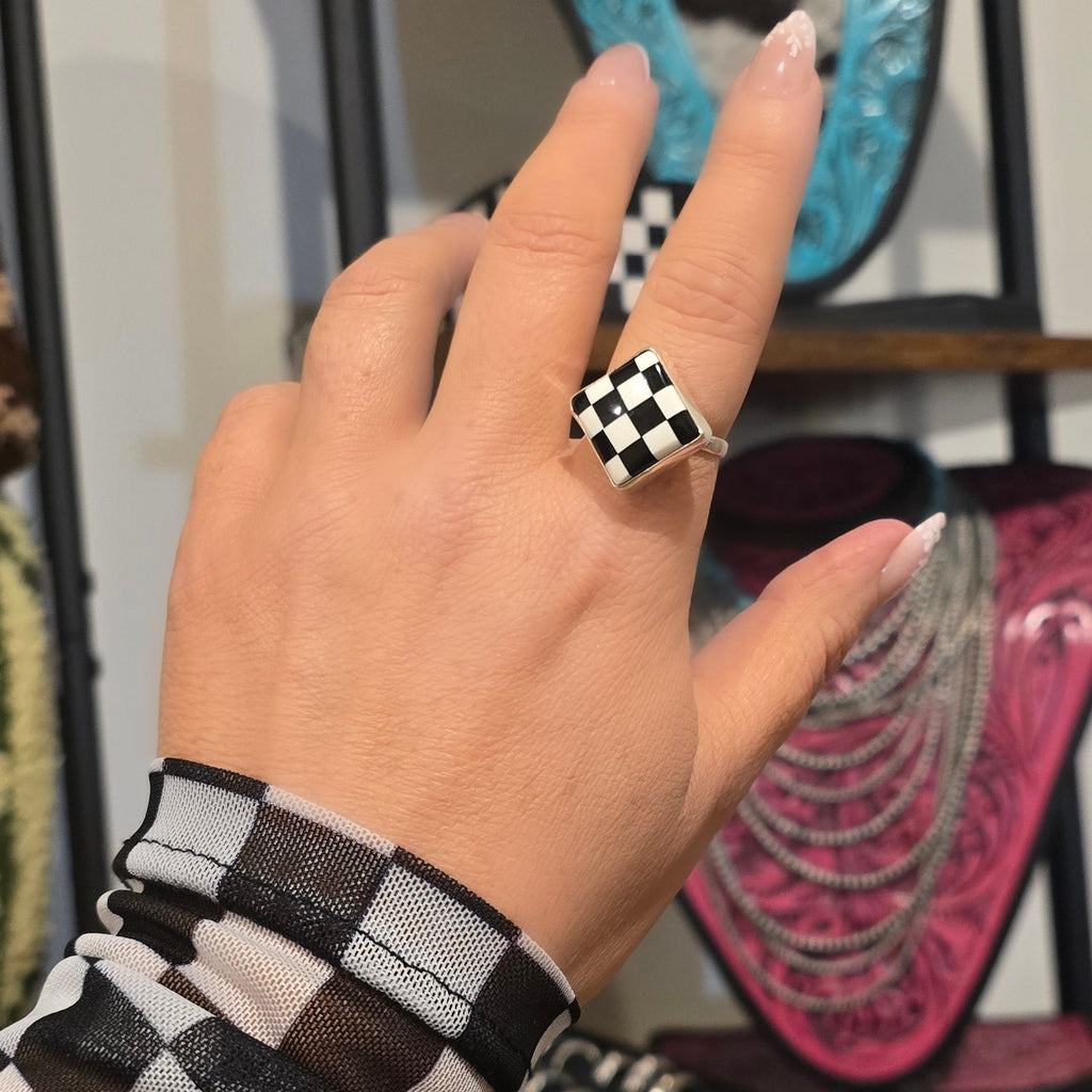 Black & White Checkered Sterling Ring