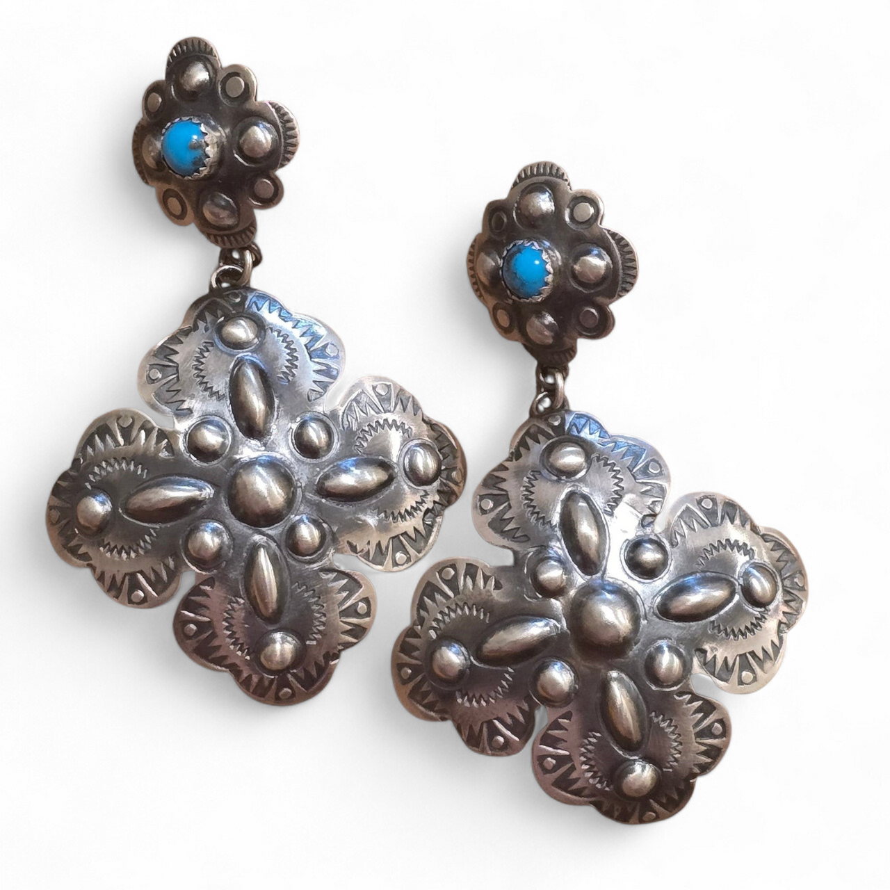 Sterling Repoussé & Turquoise Earrings