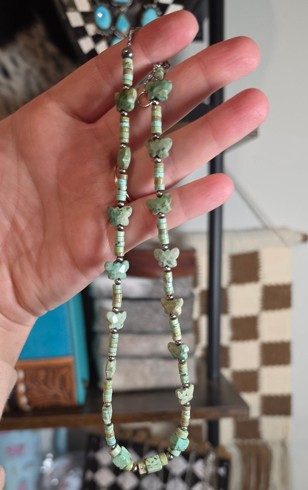 Turquoise Butterflies & Cubes with Sterling Pearls Necklace 16.5-18 inches