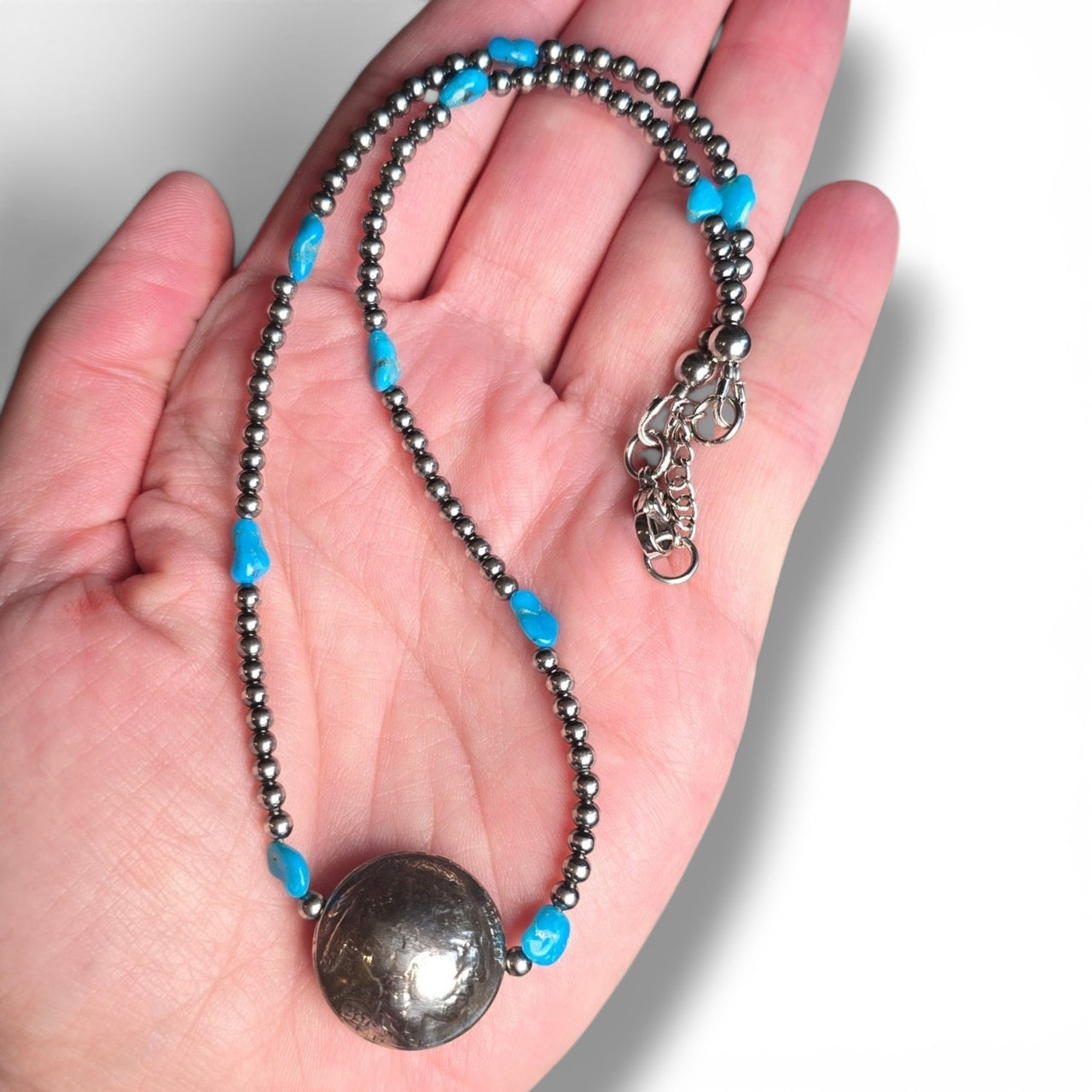 (With Turquoise or Without) Reversible Indian Head/Buffalo Nickel, Sterling Pearls & Turquoise Necklace 15 - 16 inches