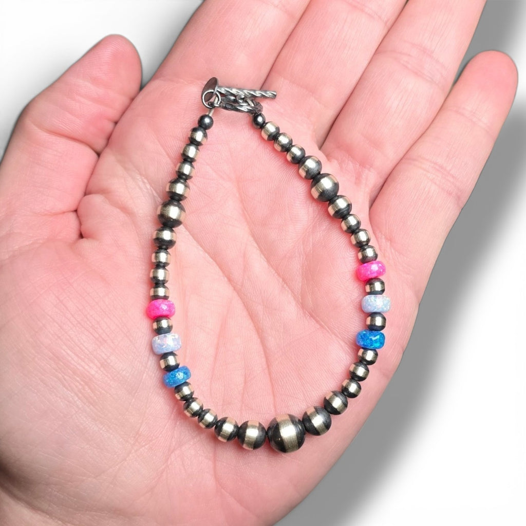 4mm, 5mm 6mm and 8mm Sterling Pearls, 6mm Fire Opal Rondelles Bracelet 7.5 inches