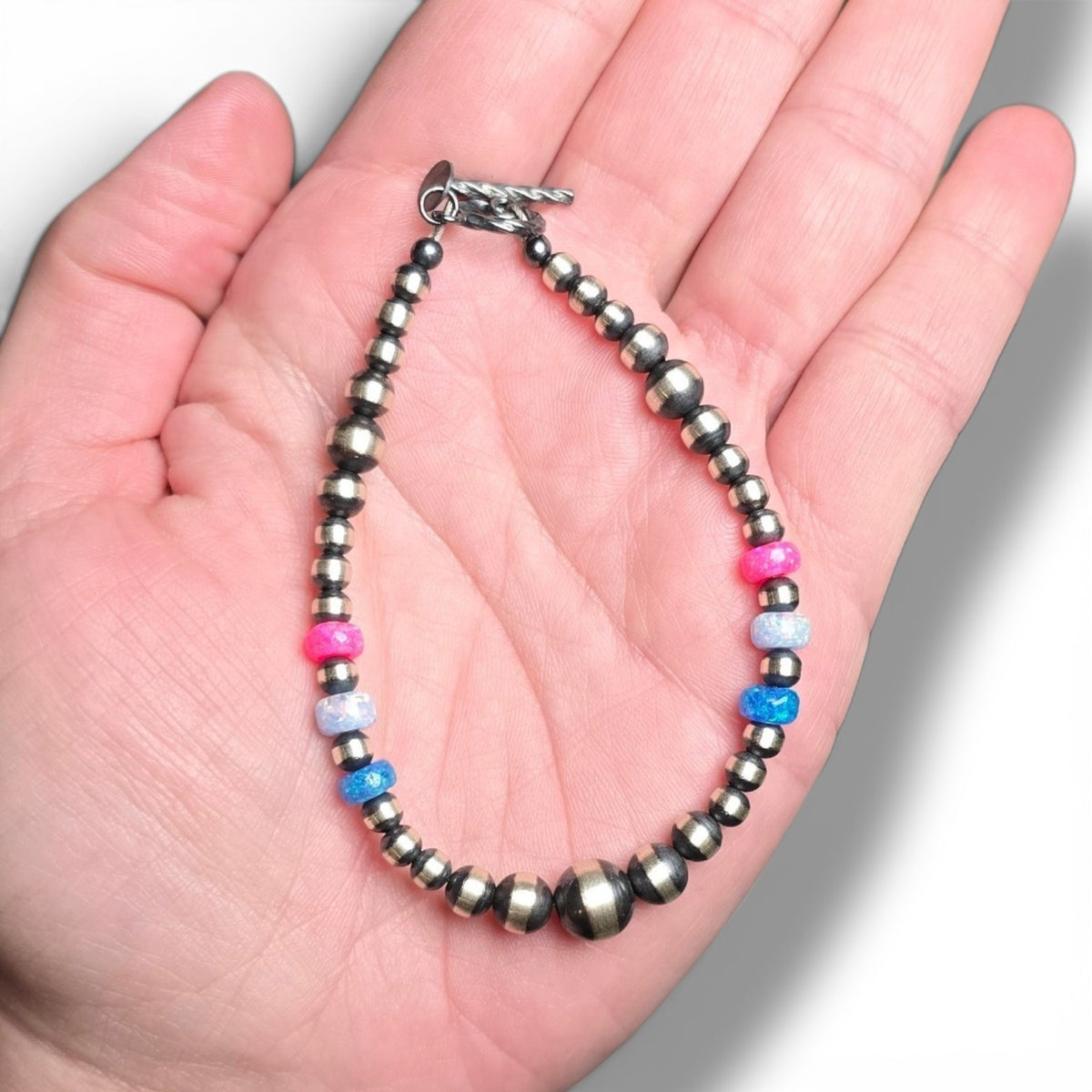 4mm, 5mm 6mm and 8mm Sterling Pearls, 6mm Fire Opal Rondelles Bracelet 7.5 inches