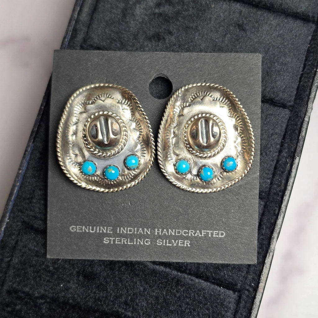 Native Made Kingman Turquoise & Sterling Cowboy Hat Earrings