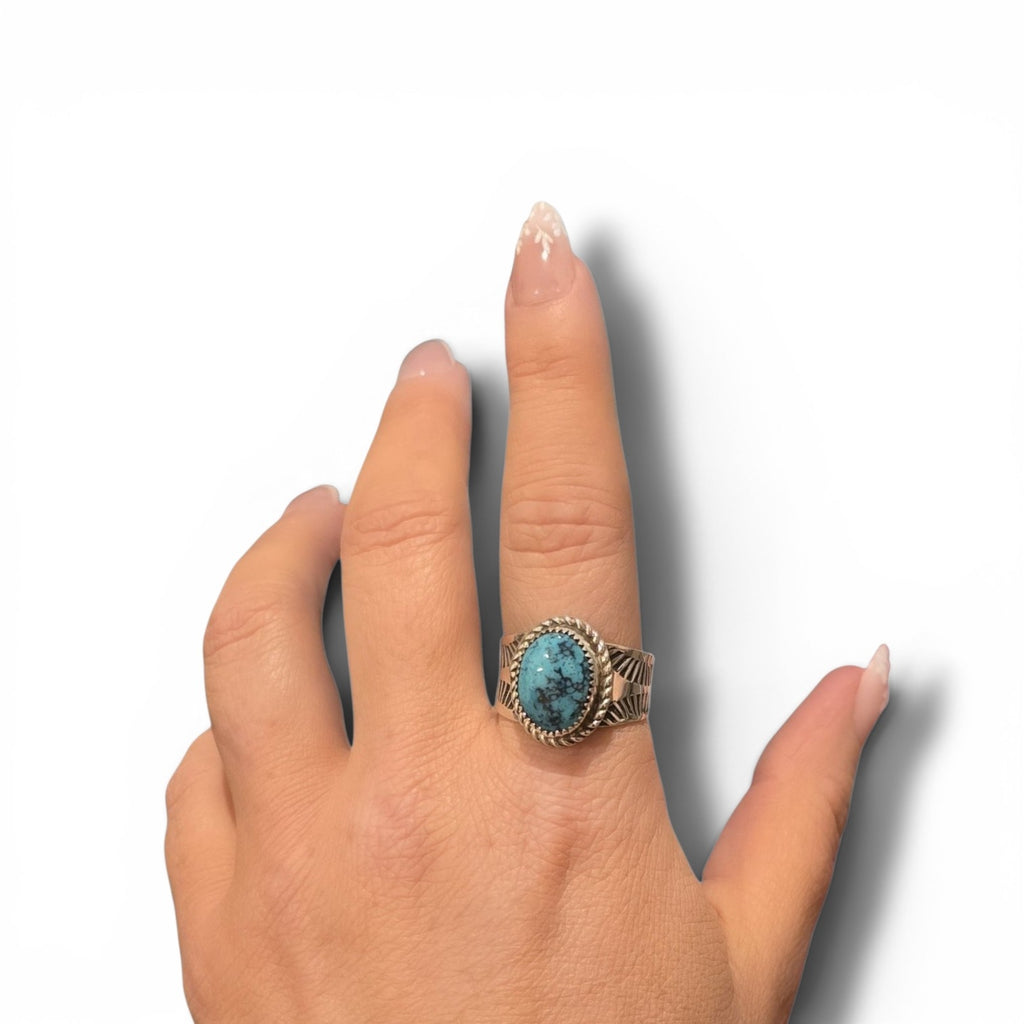 Native Made Kingman Web Turquoise & Sterling Ring Size 10.5