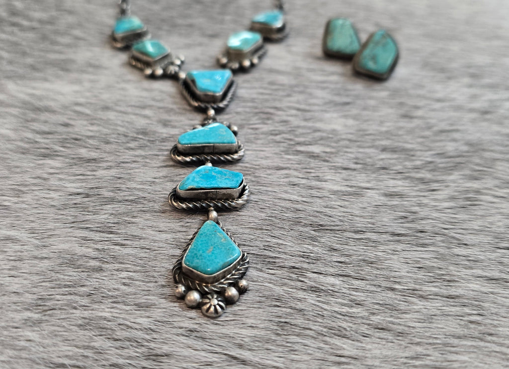 Eli Skeets Kingman Turquoise, Sterling Lariat & Earrings Set