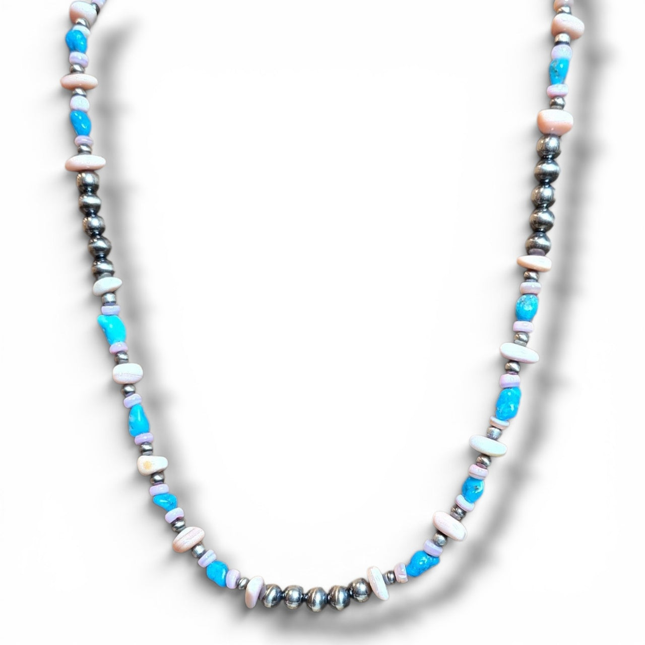 Pink Conch, Kingman Turquoise & Sterling Pearl Necklace 16 inches