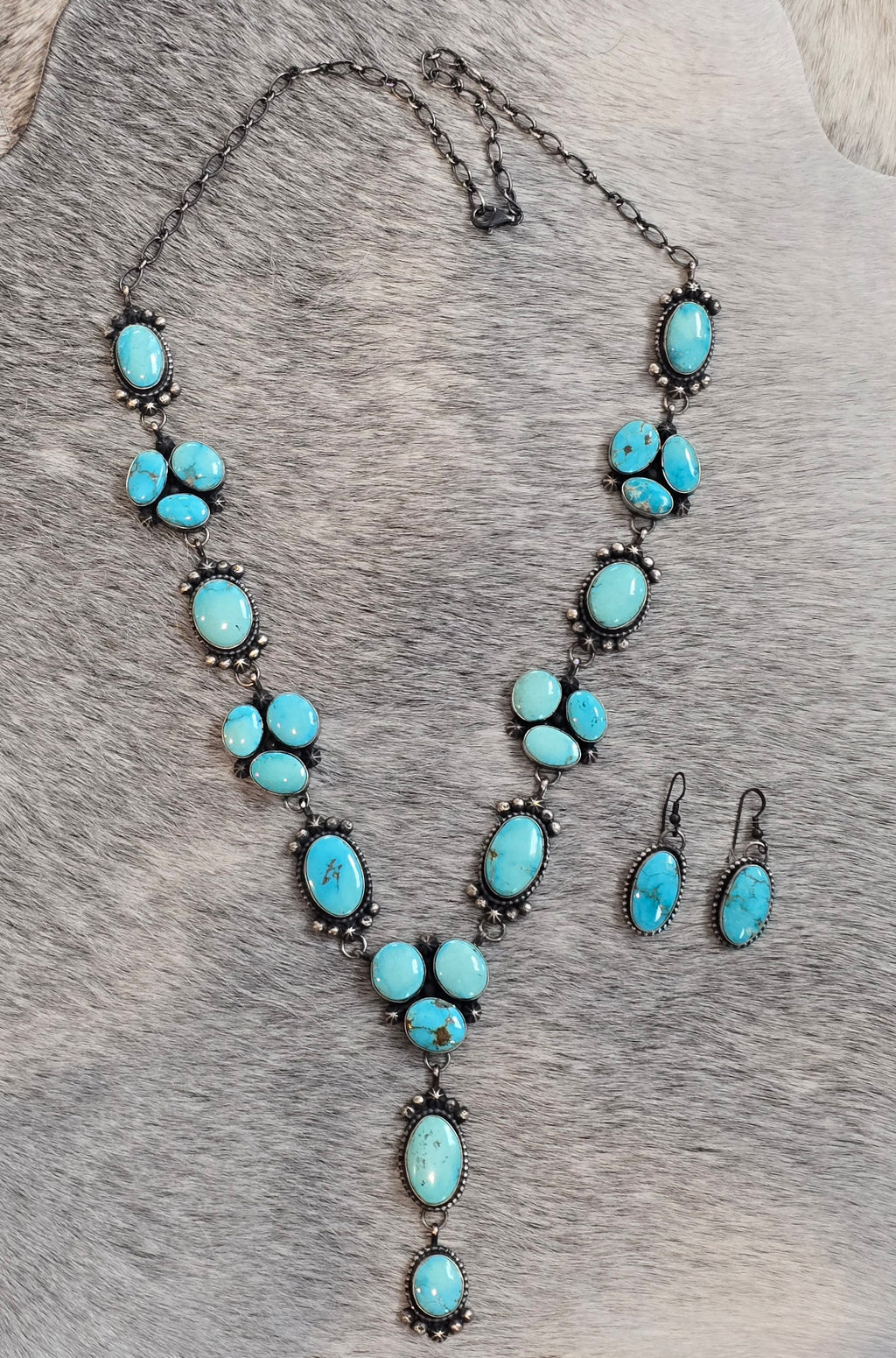 Lorenzo Juan Royston Turquoise, Sterling Lariat & Earrings Set