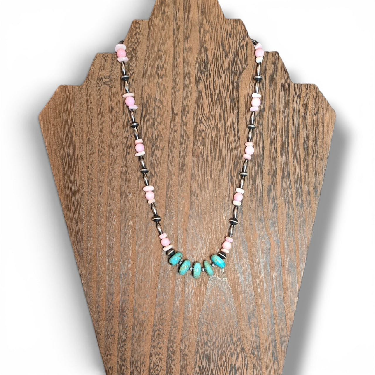 Sterling Torpedo and Saucers,  Turquoise & Pink Conch Necklace 16-18 inches