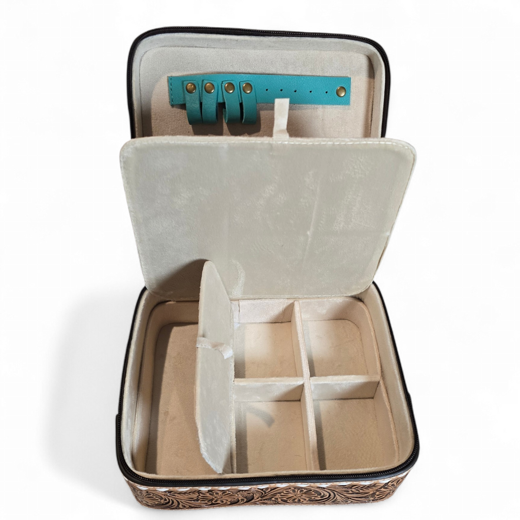 Turquoise Boot Stitch Suede & Tooled Leather Jewelry Box