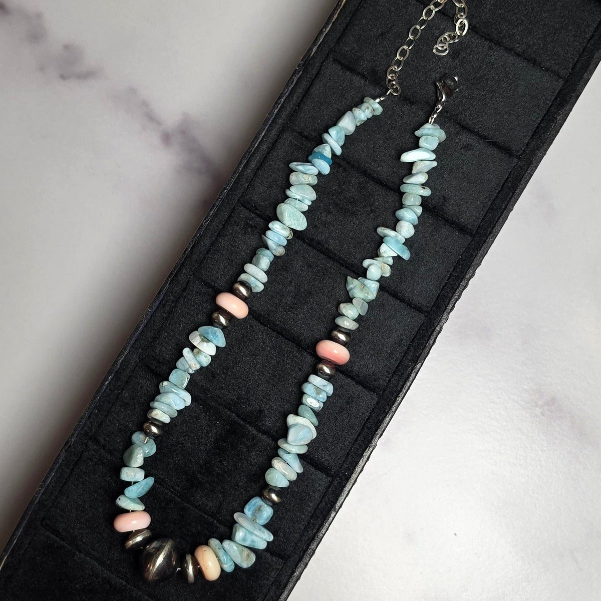 Navajo Pearl, Larimar, Pink Conch, Sterling Saucers & Sterling Pearls 14-16 inches