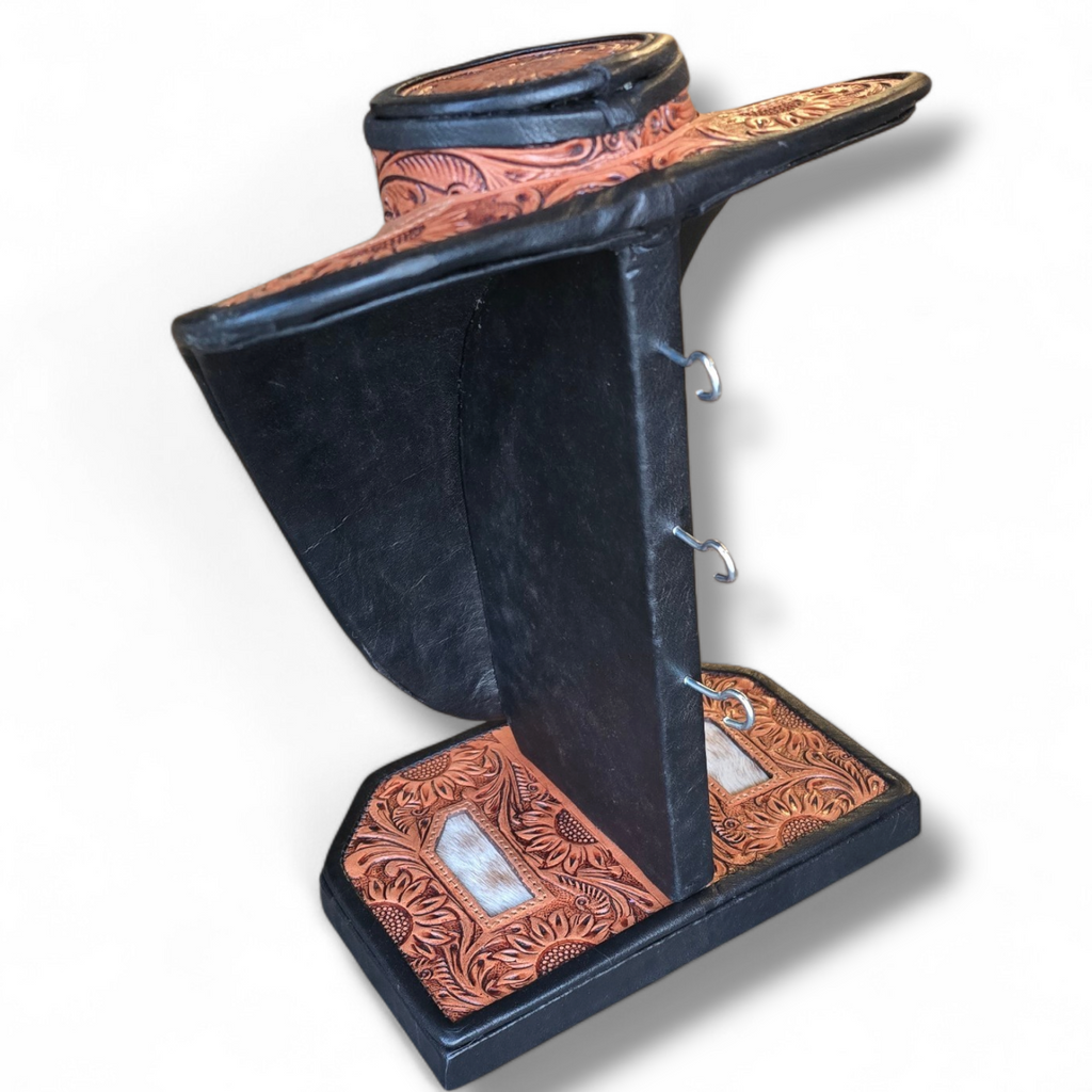 Brown Tooled Leather & Cowhide Necklace Display