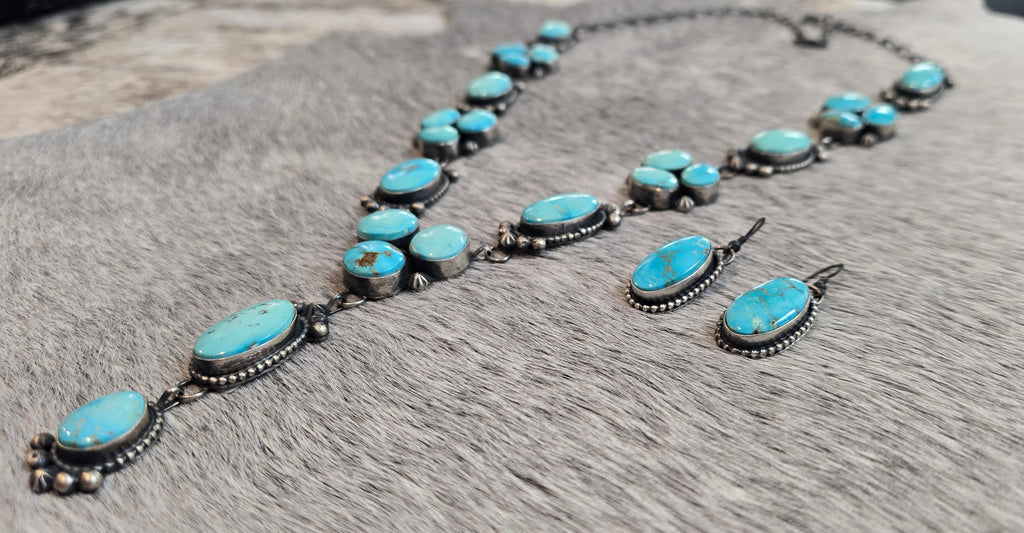 Lorenzo Juan Royston Turquoise, Sterling Lariat & Earrings Set