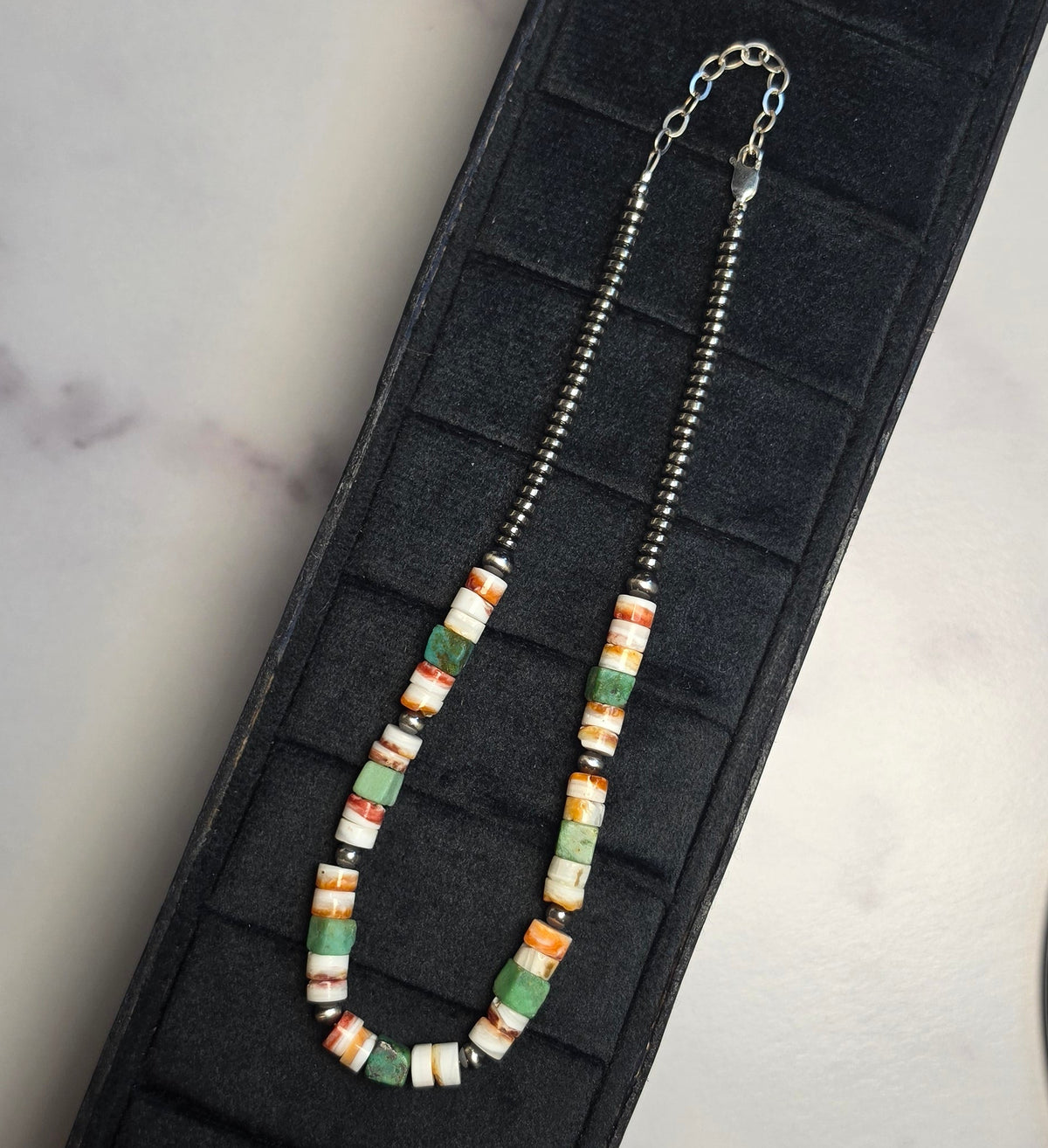 Orange Spiny, Turquoise & Sterling Pearls Choker 12.5-14 inches