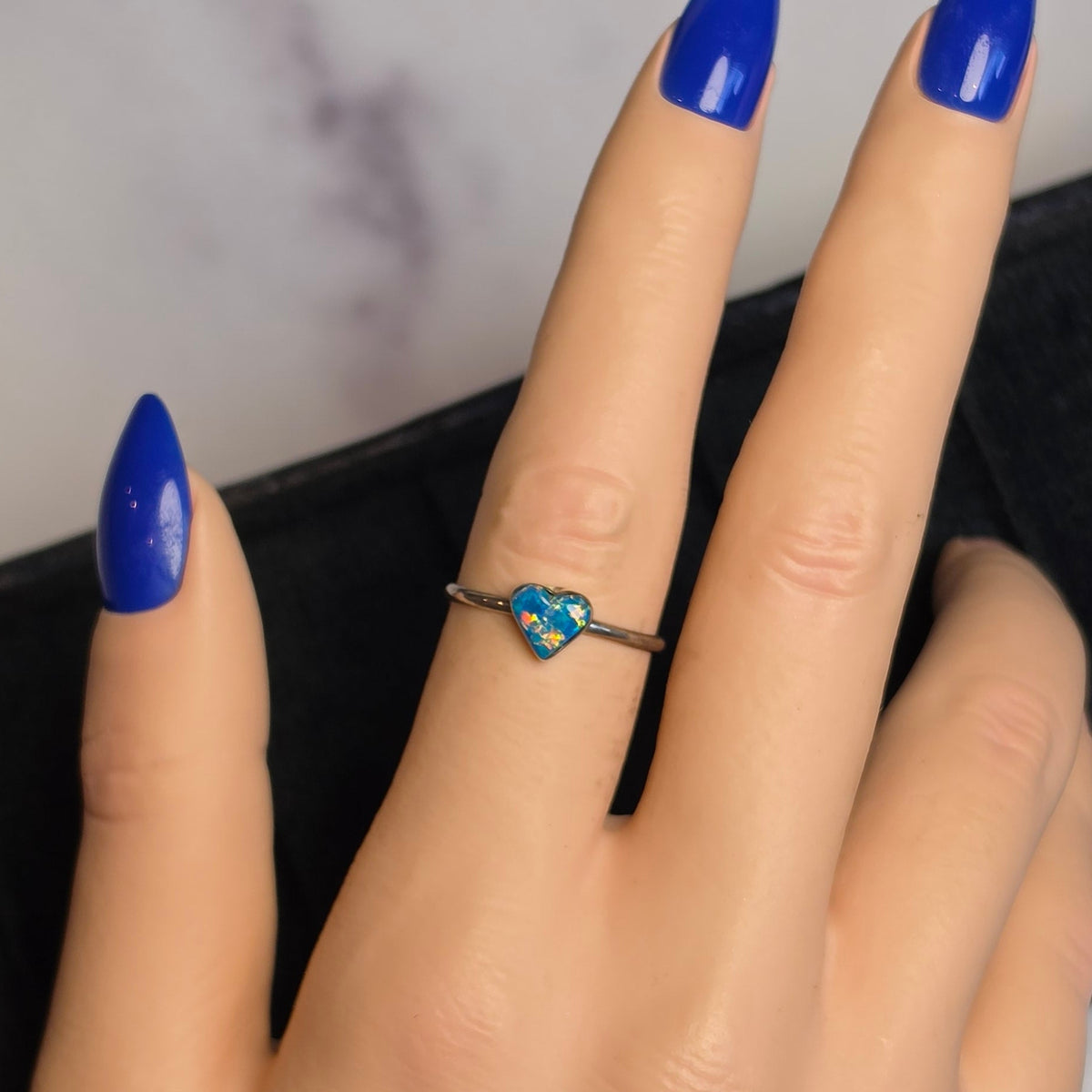 Native Made Teal Opal Heart & Sterling Ring Size 7.5